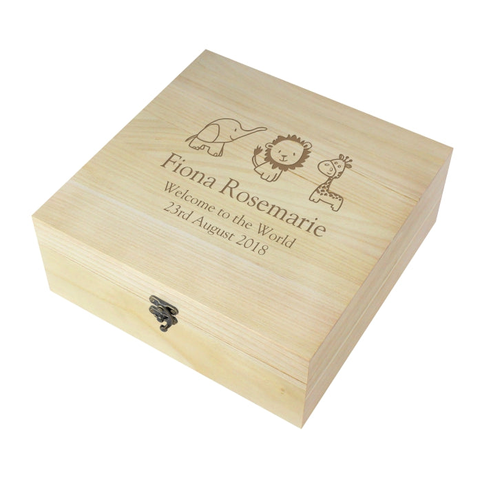 Personalised Hessian Animals Large Wooden Keepsake Box - perfect for New Born, Christening etc.