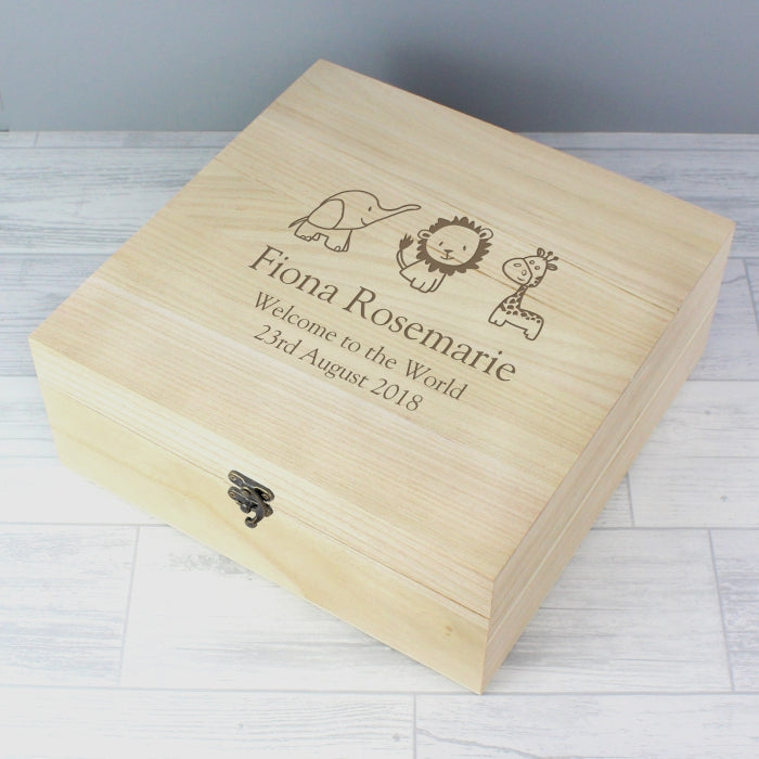 Personalised Hessian Animals Large Wooden Keepsake Box - perfect for New Born, Christening etc.