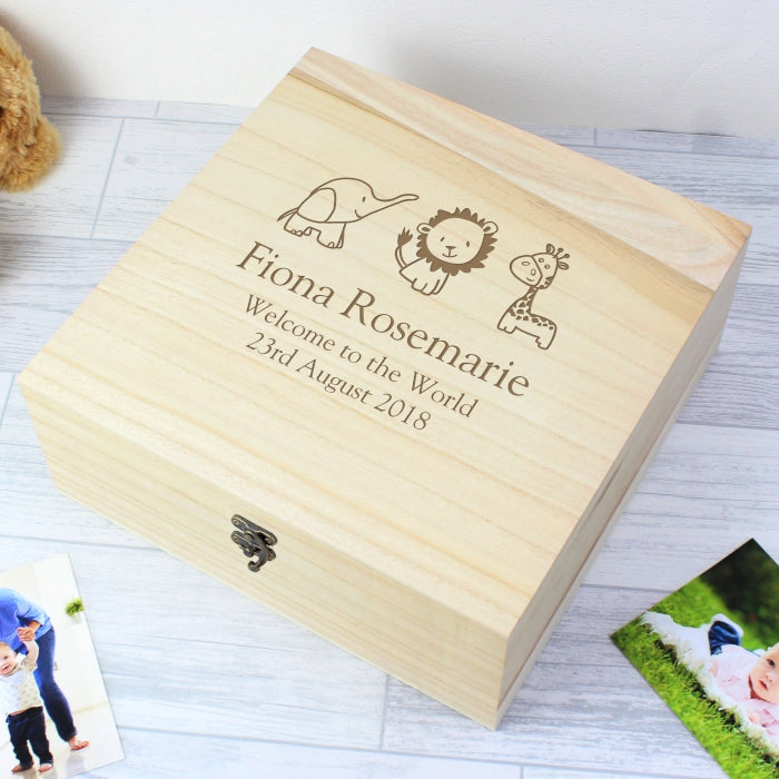 Personalised Hessian Animals Large Wooden Keepsake Box - perfect for New Born, Christening etc.