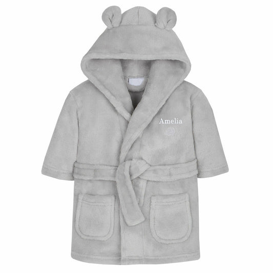 Personalised 0-6 Months Grey Bear Ears Hooded Baby Dressing Gown