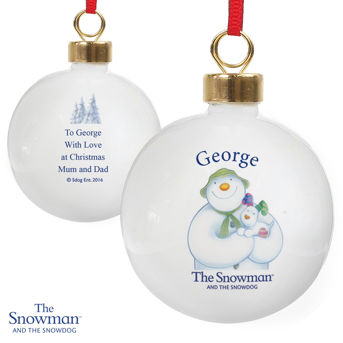Personalised The Snowman and Snowdog Ceramic Christmas Bauble