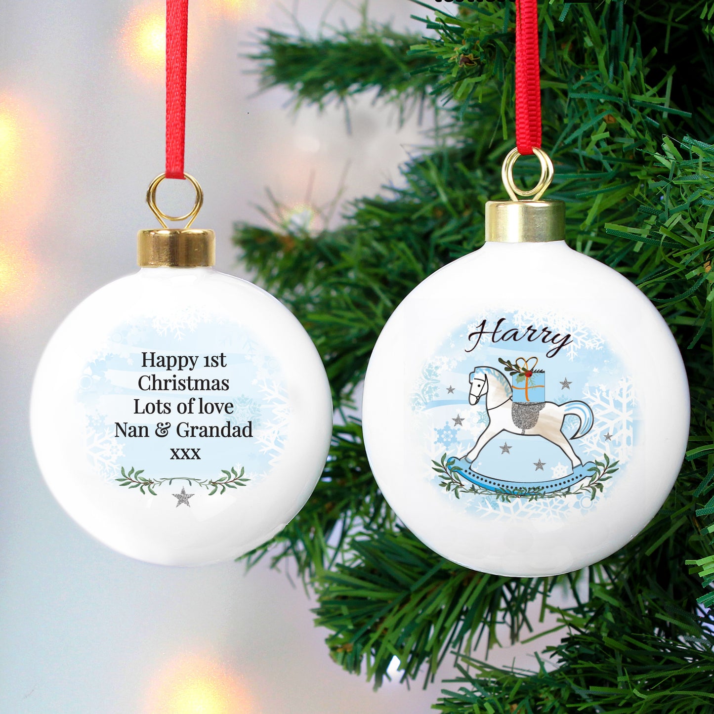Personalised Ceramic Christmas Rocking Horse Bauble - Available in Pink or Blue