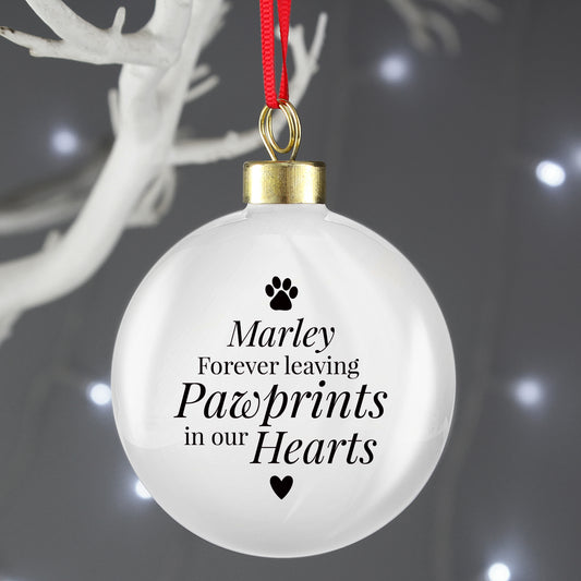 Personalised Christmas 'Pawprints on my Heart' Memorial Pet Bauble