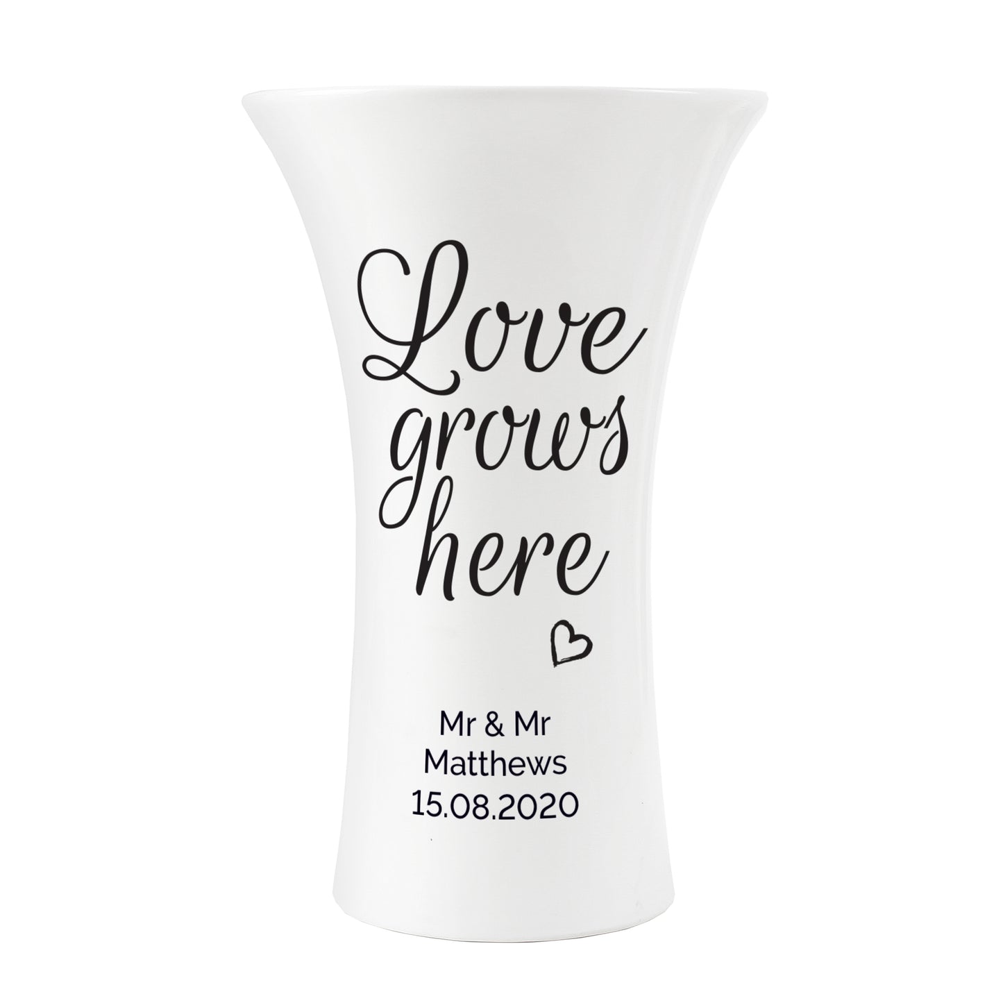 Personalised Love Grows Here Ceramic Waisted Vase- perfect for Weddings, Anniversaries etc.