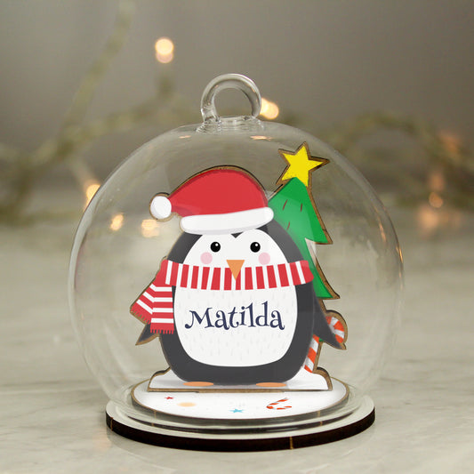 Personalised Wooden Penguin Glass Christmas Bauble