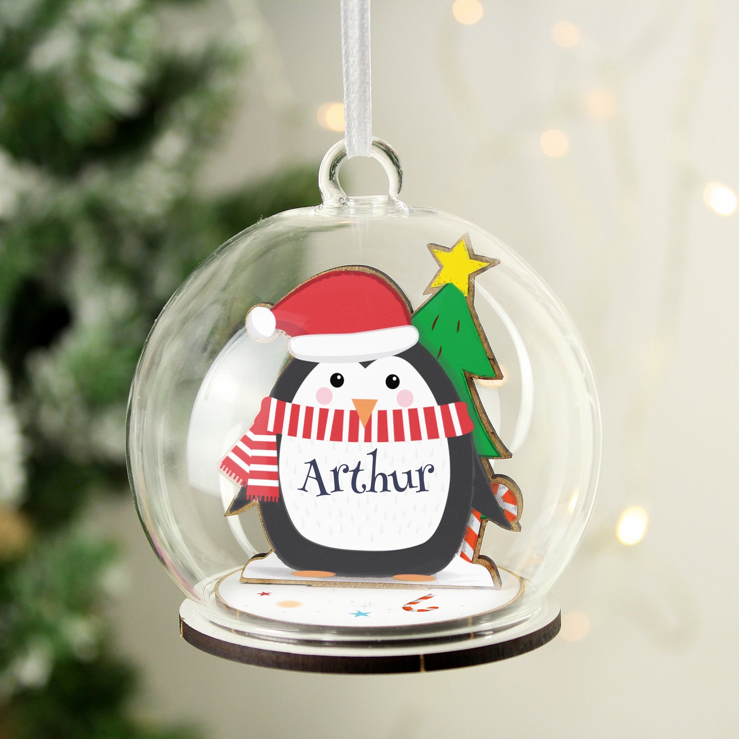 Personalised Wooden Penguin Glass Christmas Bauble