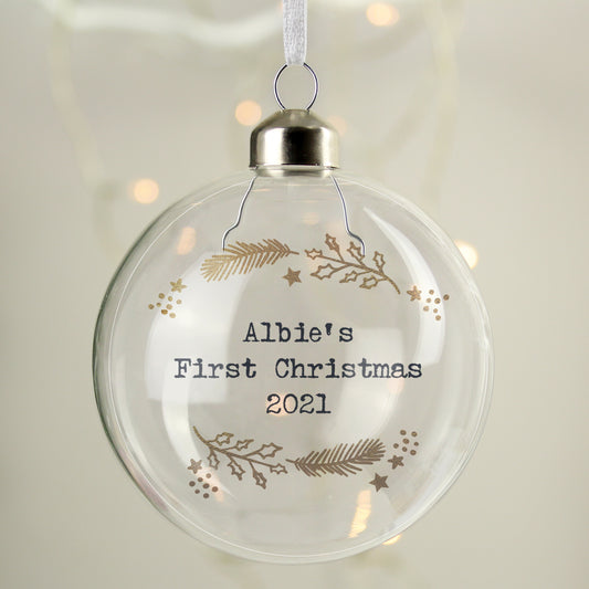 Personalised Gold Wreath Glass Christmas Bauble