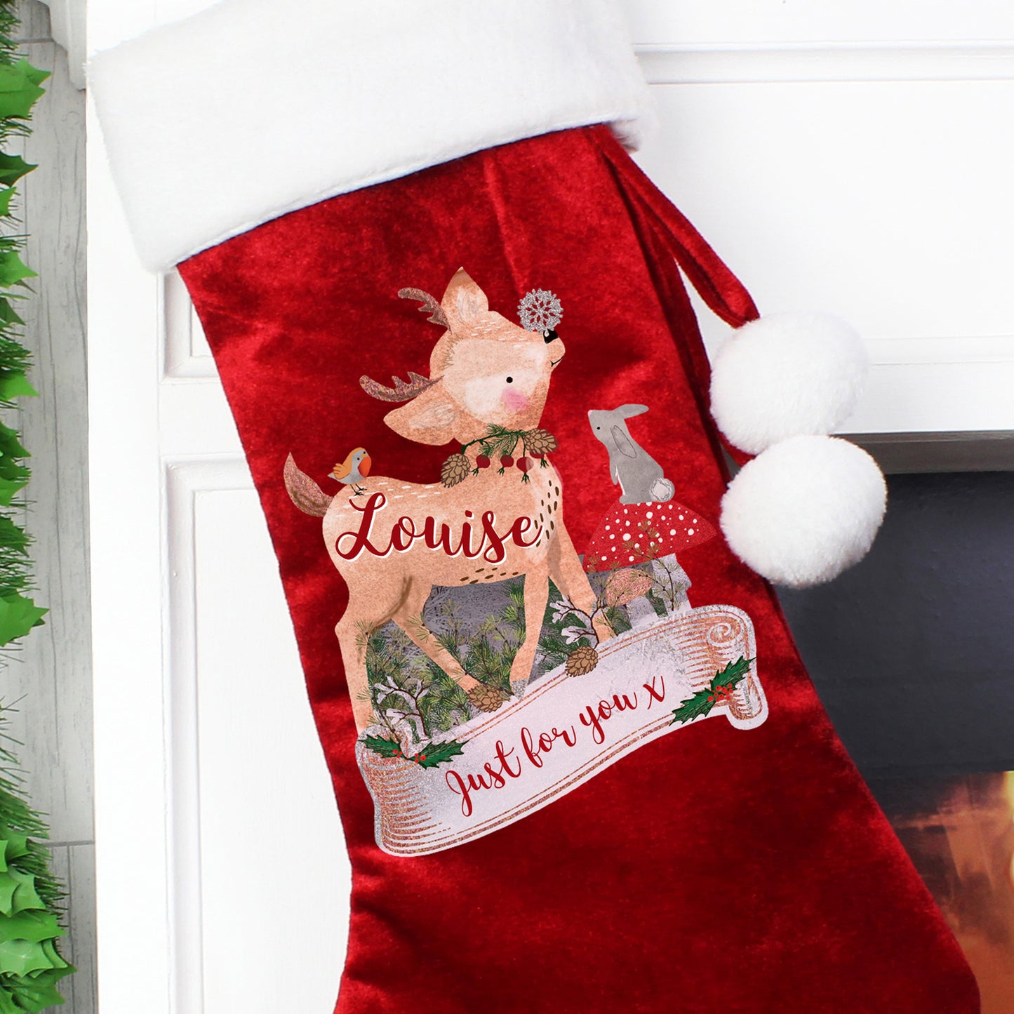 Personalised Festive Fawn Red Christmas Stocking
