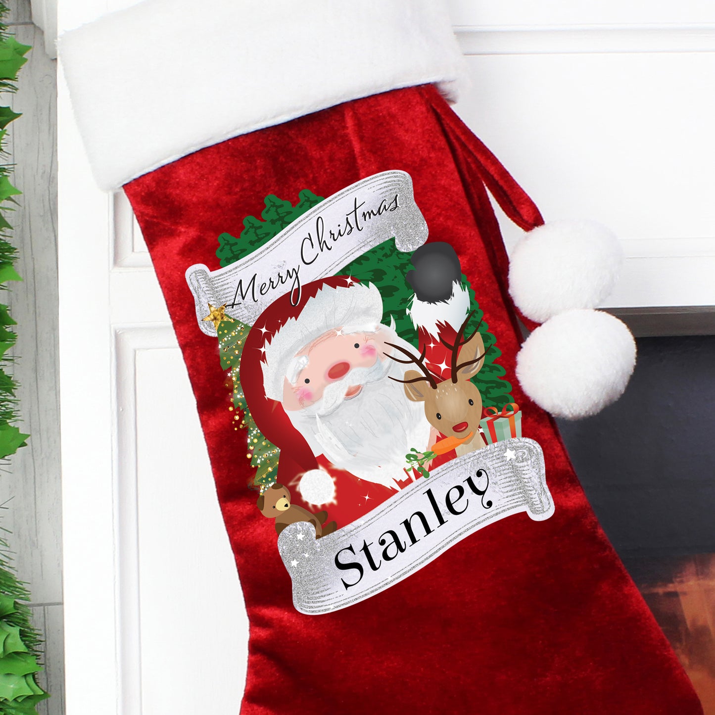 Personalised Santa & Rudolph Red Christmas Stocking