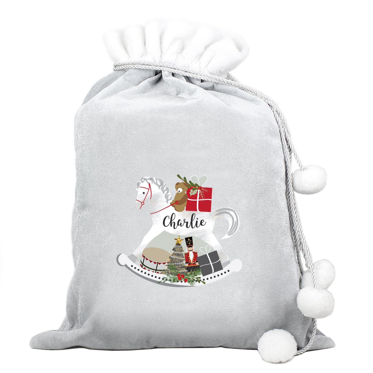Personalised Rocking Horse Luxury Silver Grey Pom Pom Christmas Sack
