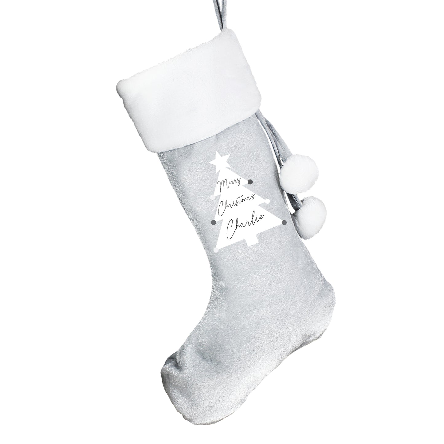Personalised Christmas Tree Luxury Silver Grey Christmas Stocking