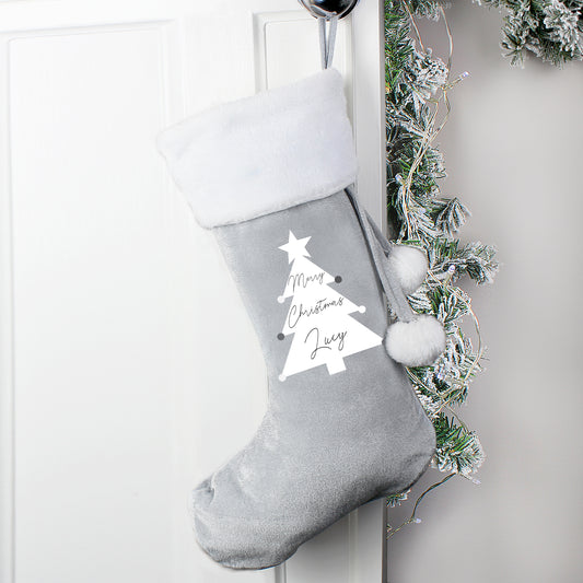 Personalised Christmas Tree Luxury Silver Grey Christmas Stocking