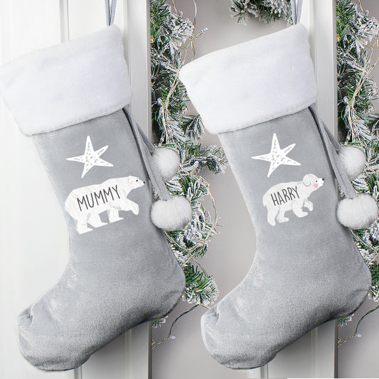 Personalised Adult or Baby Polar Bear Luxury Silver Grey Christmas Stocking