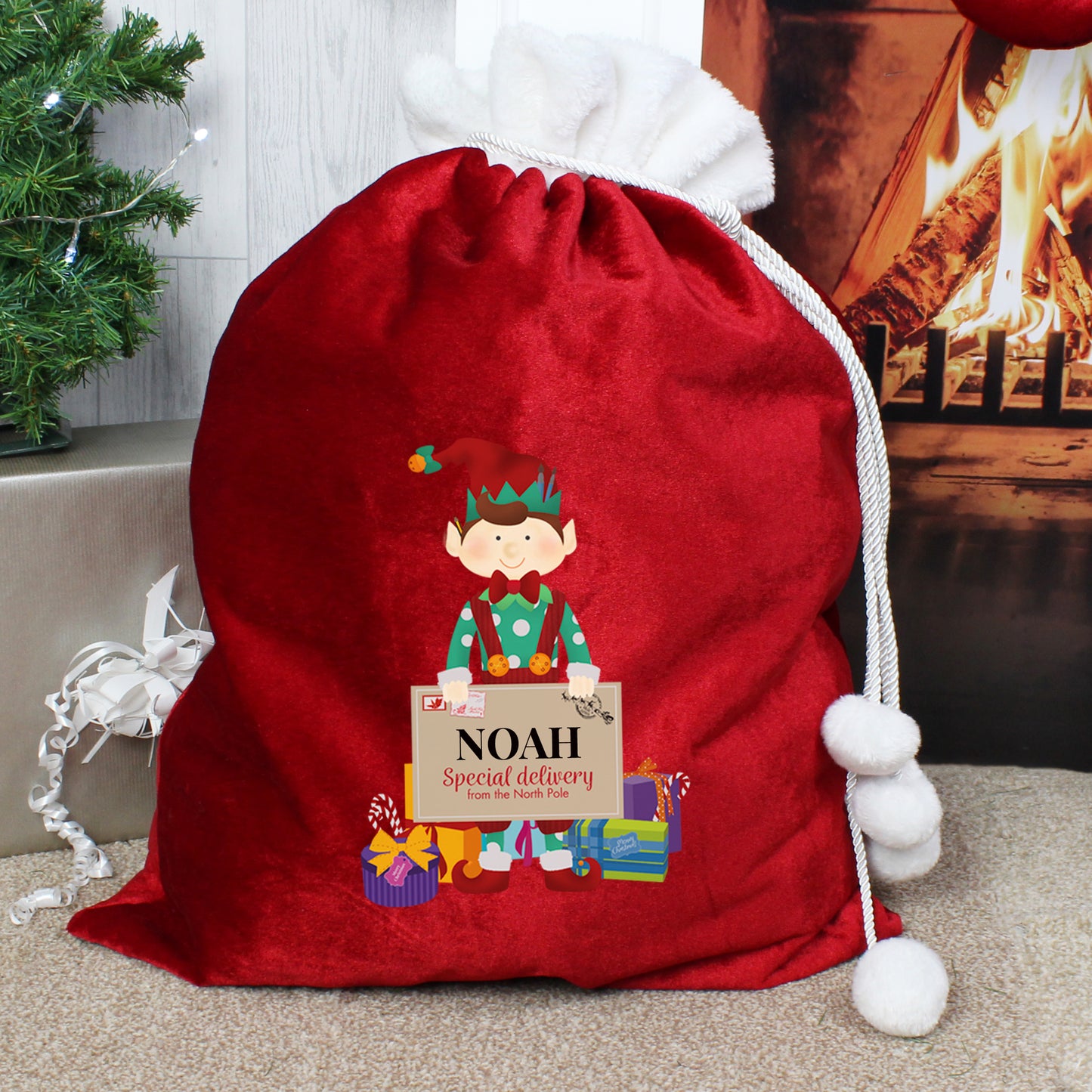 Personalised Elf Luxury Pom Pom Christmas Sack