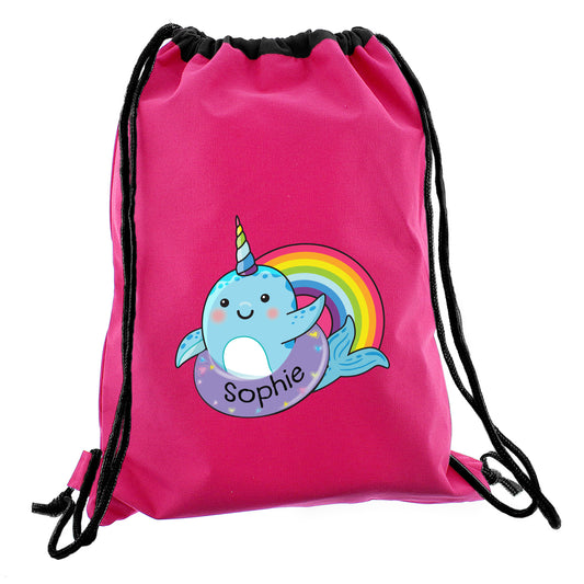 Personalised Pink Rainbow Narwhal Swimming, Gym or Kit Bag