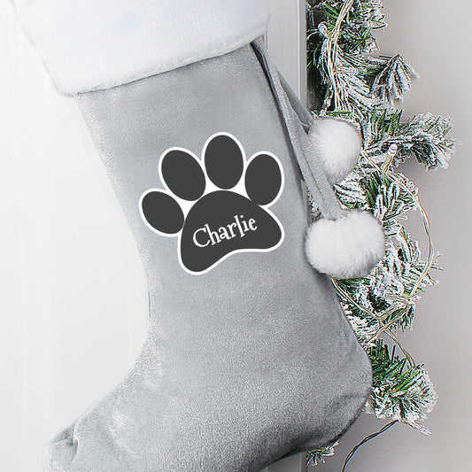 Personalised Paw Print Silver Grey Stocking - Perfect for Pets or People!