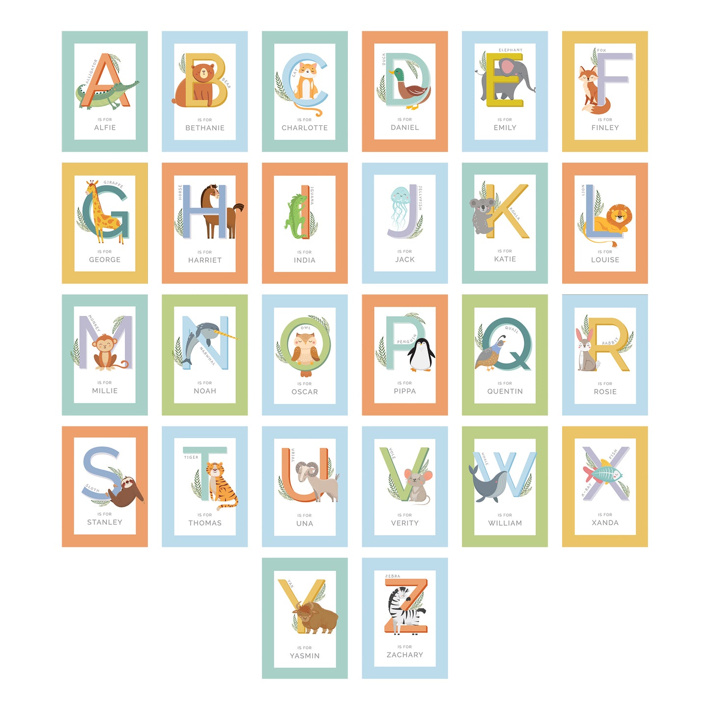 Personalised Animal Alphabet White Framed Print - A3