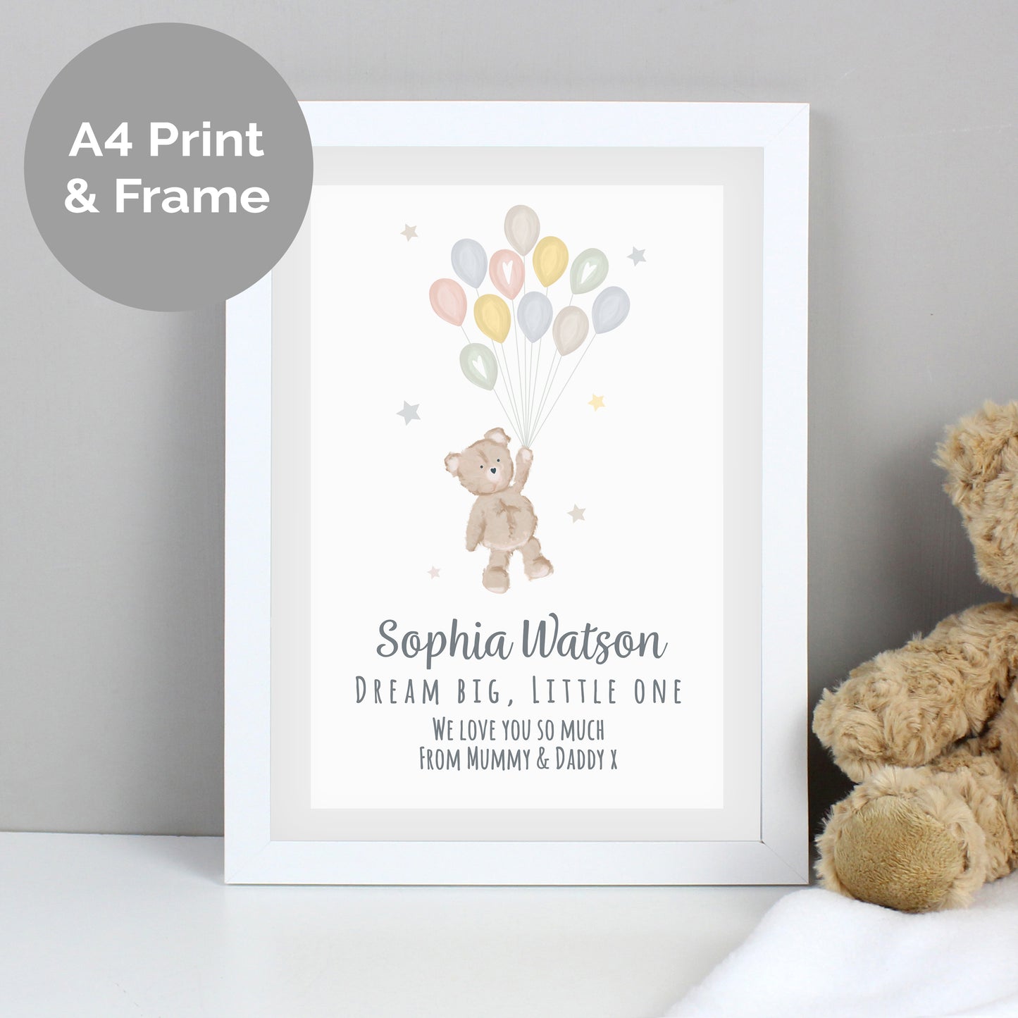 Personalised Teddy & Balloons White Framed Print (New Baby) - A4
