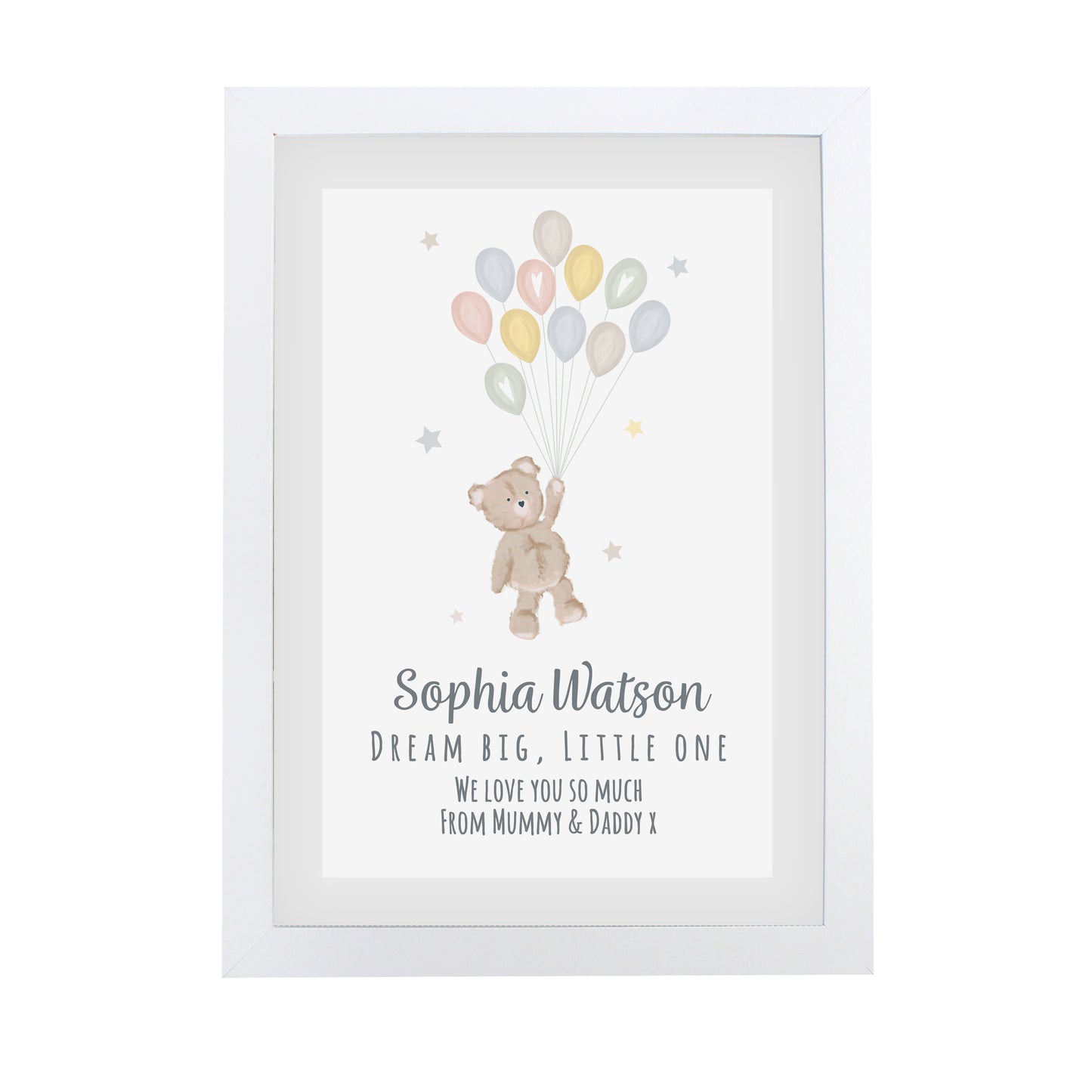 Personalised Teddy & Balloons White Framed Print (New Baby) - A4