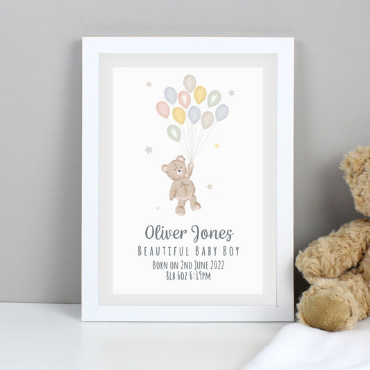 Personalised Teddy & Balloons White Framed Print (New Baby) - A4