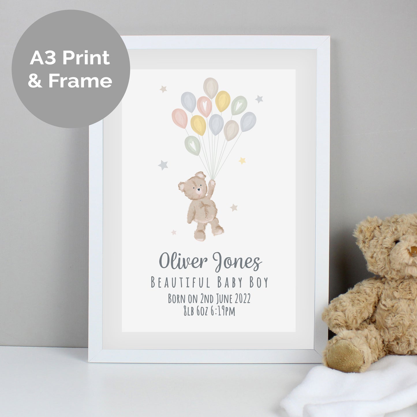 Personalised Teddy & Balloons White Framed Print (New Baby) - A3