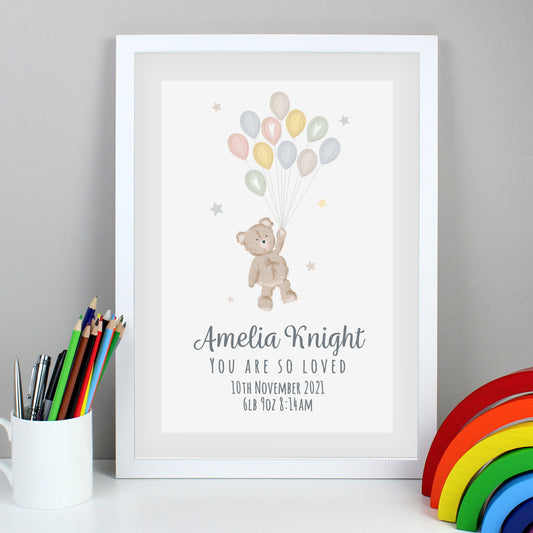 Personalised Teddy & Balloons White Framed Print (New Baby) - A3
