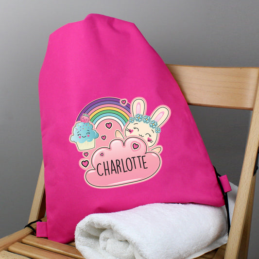 Personalised Pink Cute Bunny Swim / Gym / Kit Bag