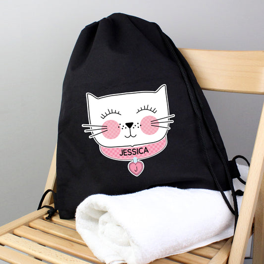 Personalised Cute Cat Black Swim / Gym / Kit Bag