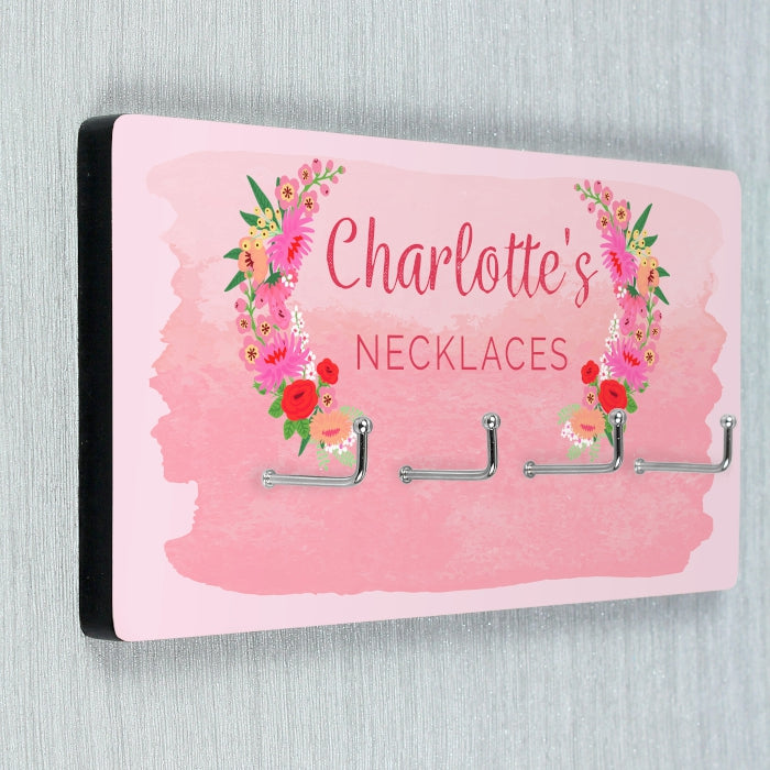 Personalised Wooden Floral Watercolour Jewellery Hook Hanger