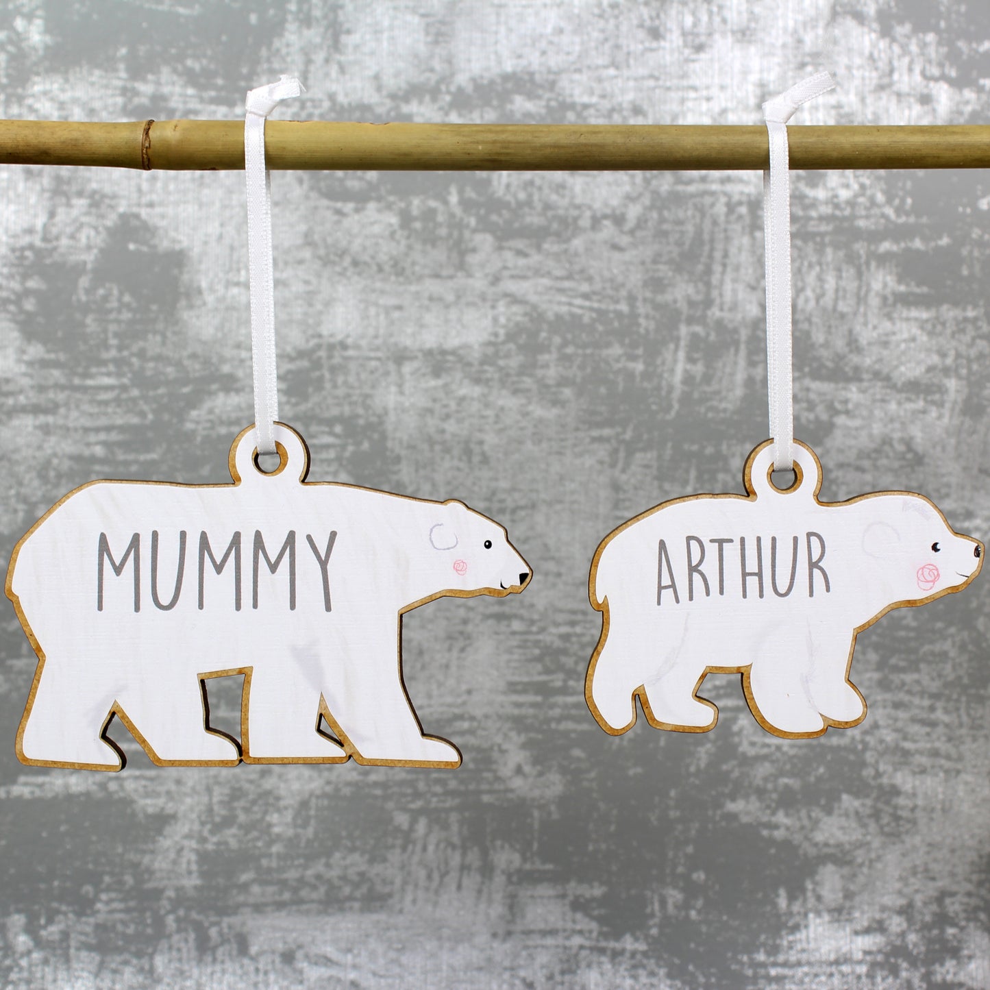 Personalised Polar Bear Family Wooden Hanging Decorations - Set of Four