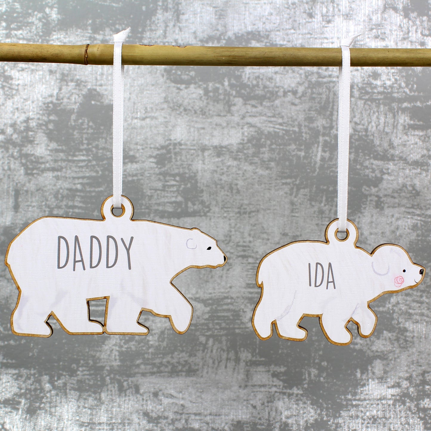 Personalised Polar Bear Family Wooden Hanging Decorations - Set of Four