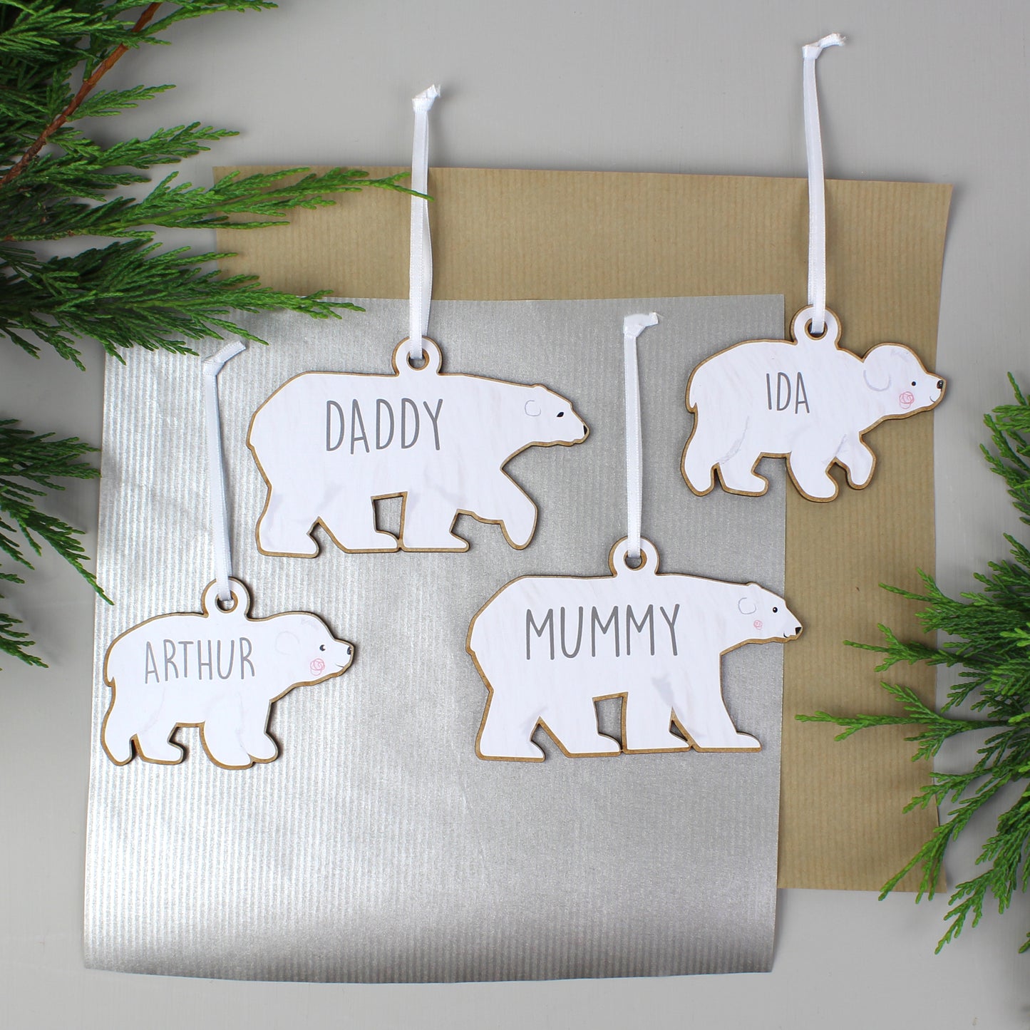Personalised Polar Bear Family Wooden Hanging Decorations - Set of Four