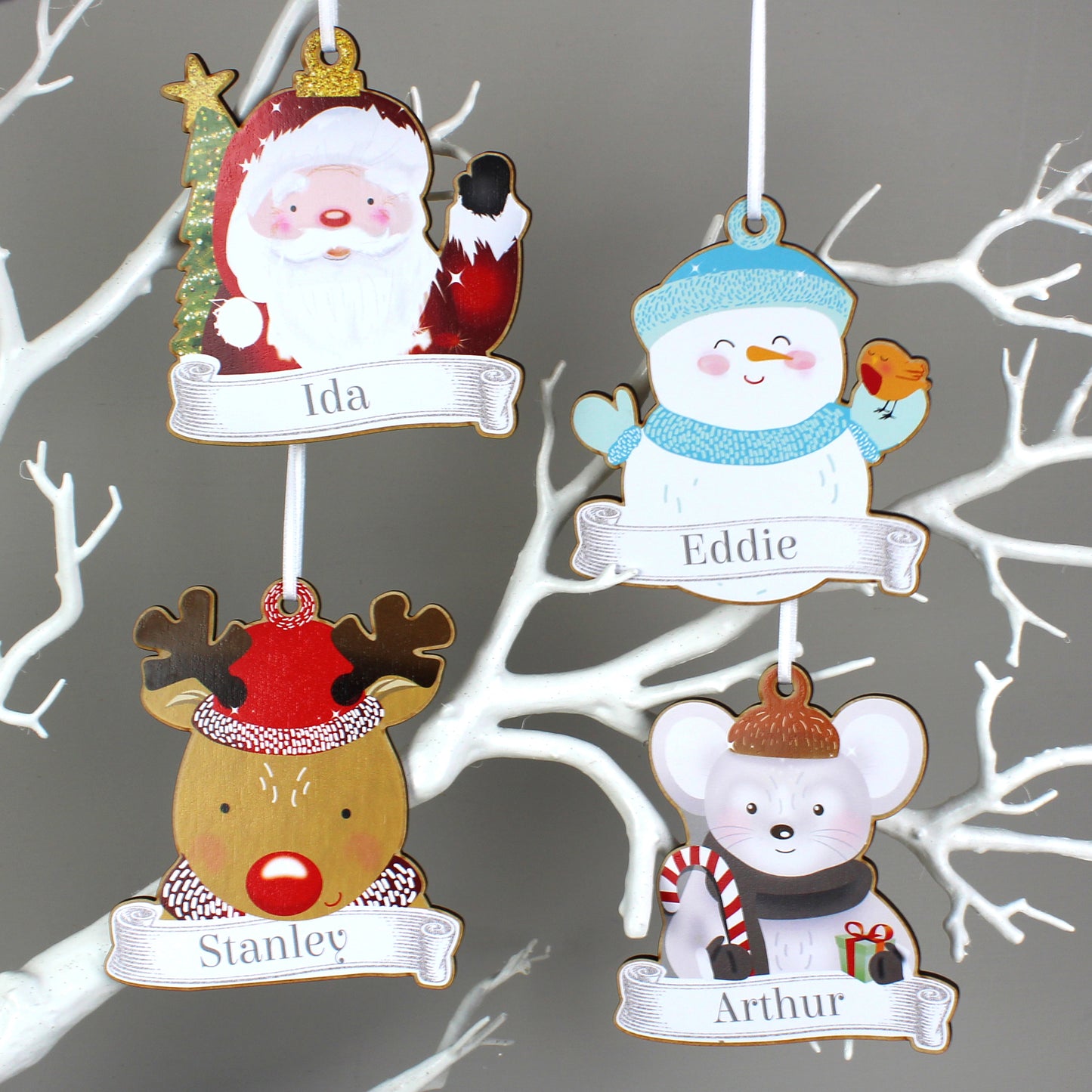 Personalised Colourful Christmas Characters Wooden Hanging Decorations - Set of Four