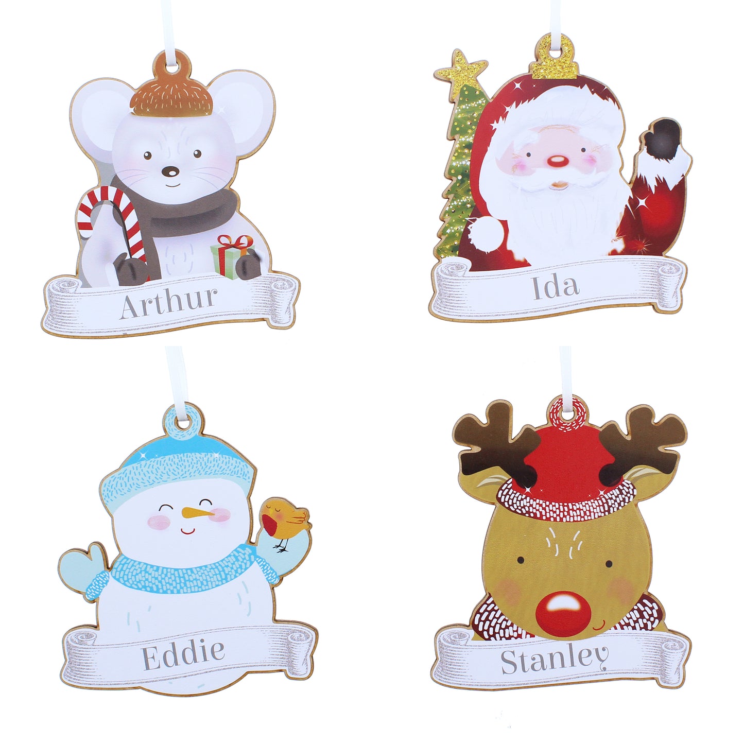 Personalised Colourful Christmas Characters Wooden Hanging Decorations - Set of Four