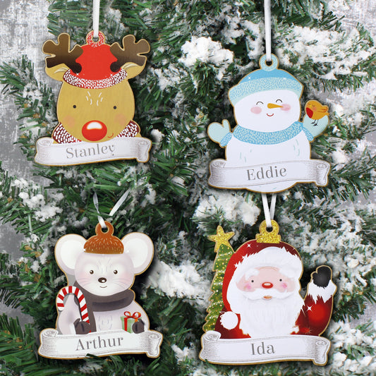 Personalised Colourful Christmas Characters Wooden Hanging Decorations - Set of Four