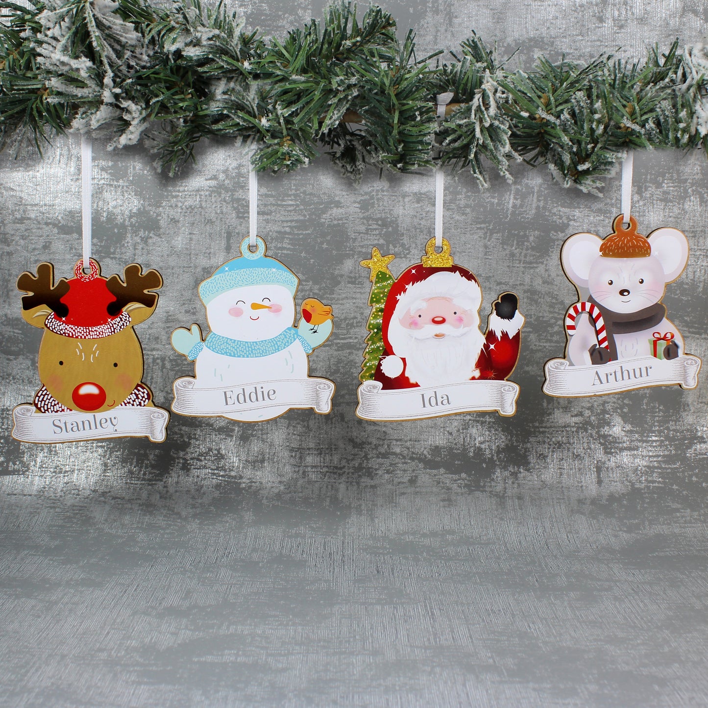 Personalised Colourful Christmas Characters Wooden Hanging Decorations - Set of Four