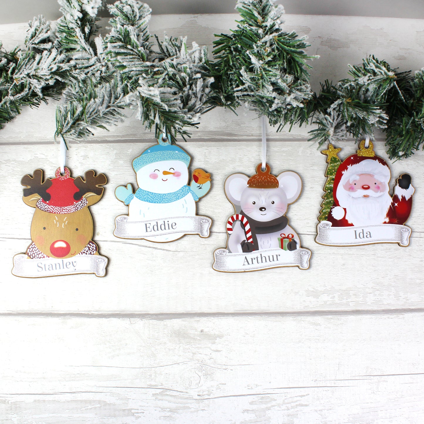 Personalised Colourful Christmas Characters Wooden Hanging Decorations - Set of Four