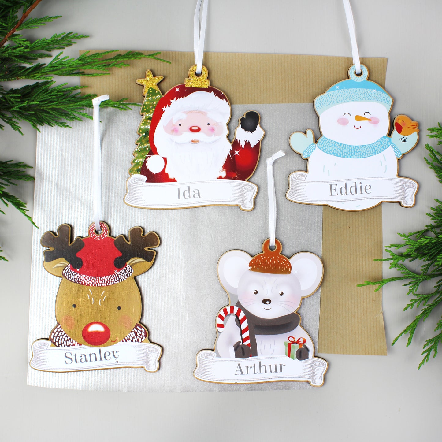 Personalised Colourful Christmas Characters Wooden Hanging Decorations - Set of Four
