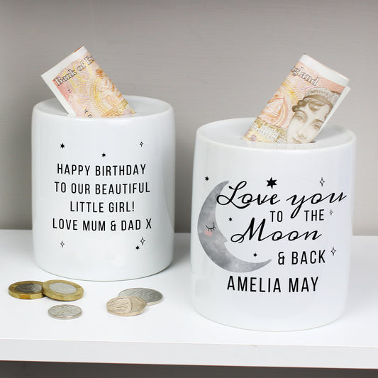 Personalised 'To the Moon and Back' Ceramic Money Box