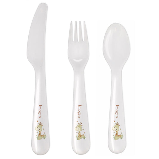 Personalised 3 Piece Hessian Giraffe Plastic Cutlery Set for Children