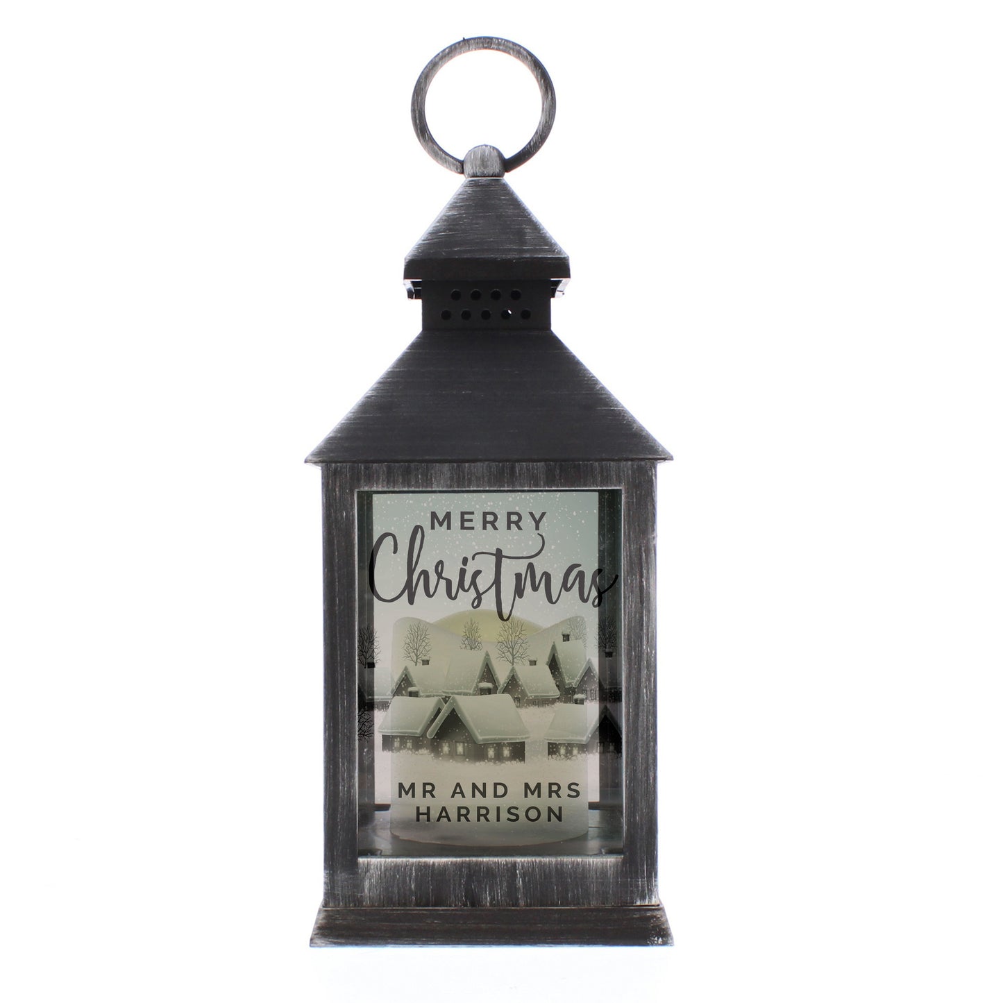 Personalised Christmas Town Rustic Black Lantern