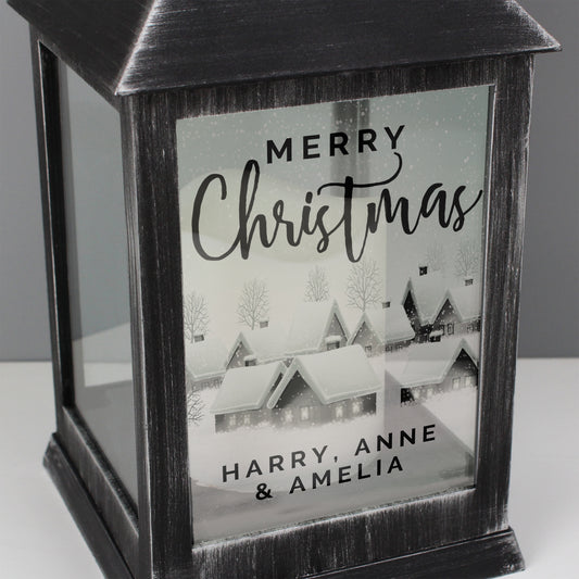 Personalised Christmas Town Rustic Black Lantern