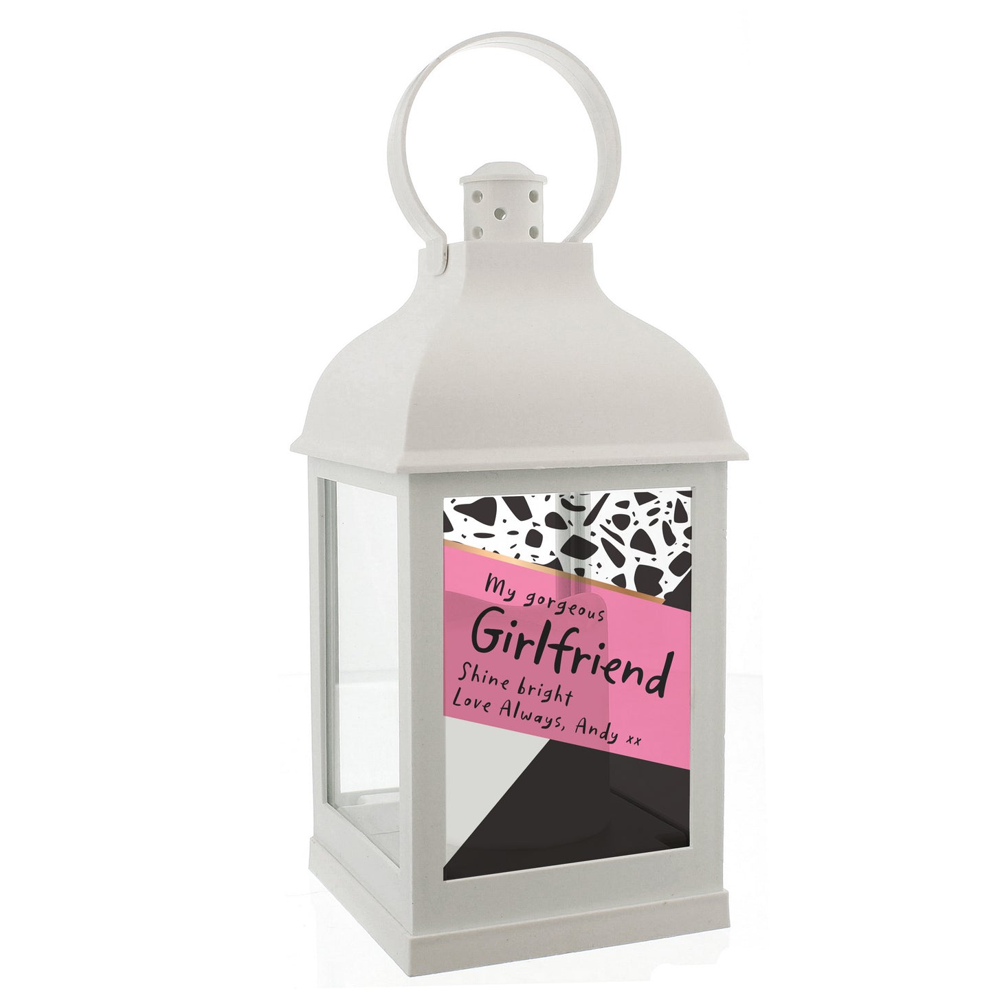 Personalised Pink & Black Rustic White Lantern