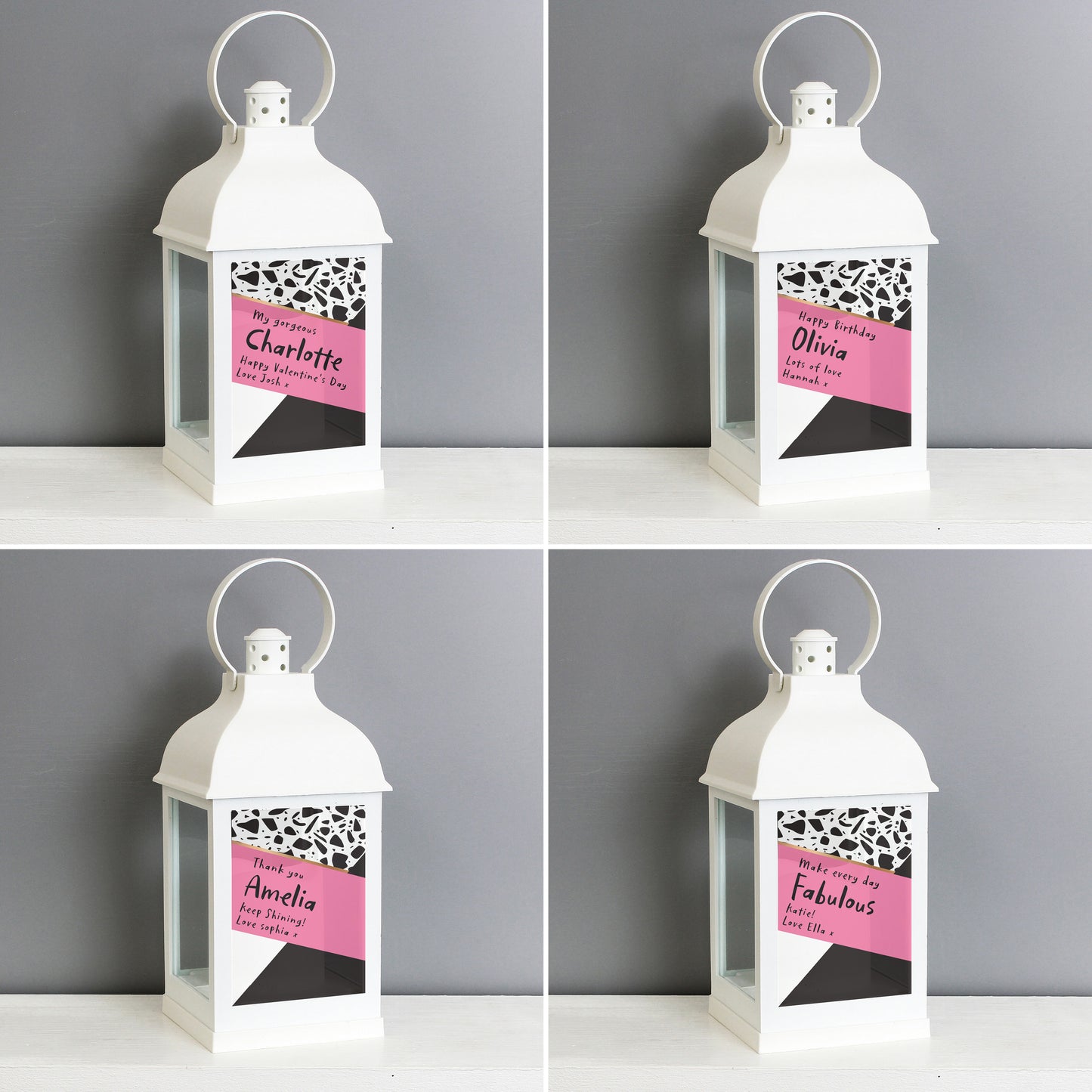 Personalised Pink & Black Rustic White Lantern
