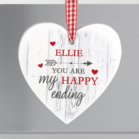 Personalised 'My Happy Ending' Wooden Heart Decoration