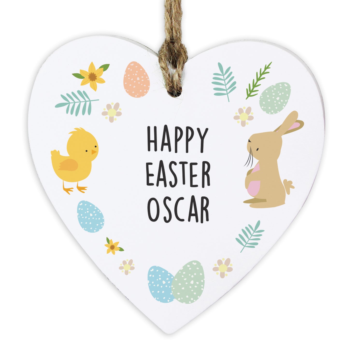 Personalised Easter Bunny & Chick Wooden Heart Decoration