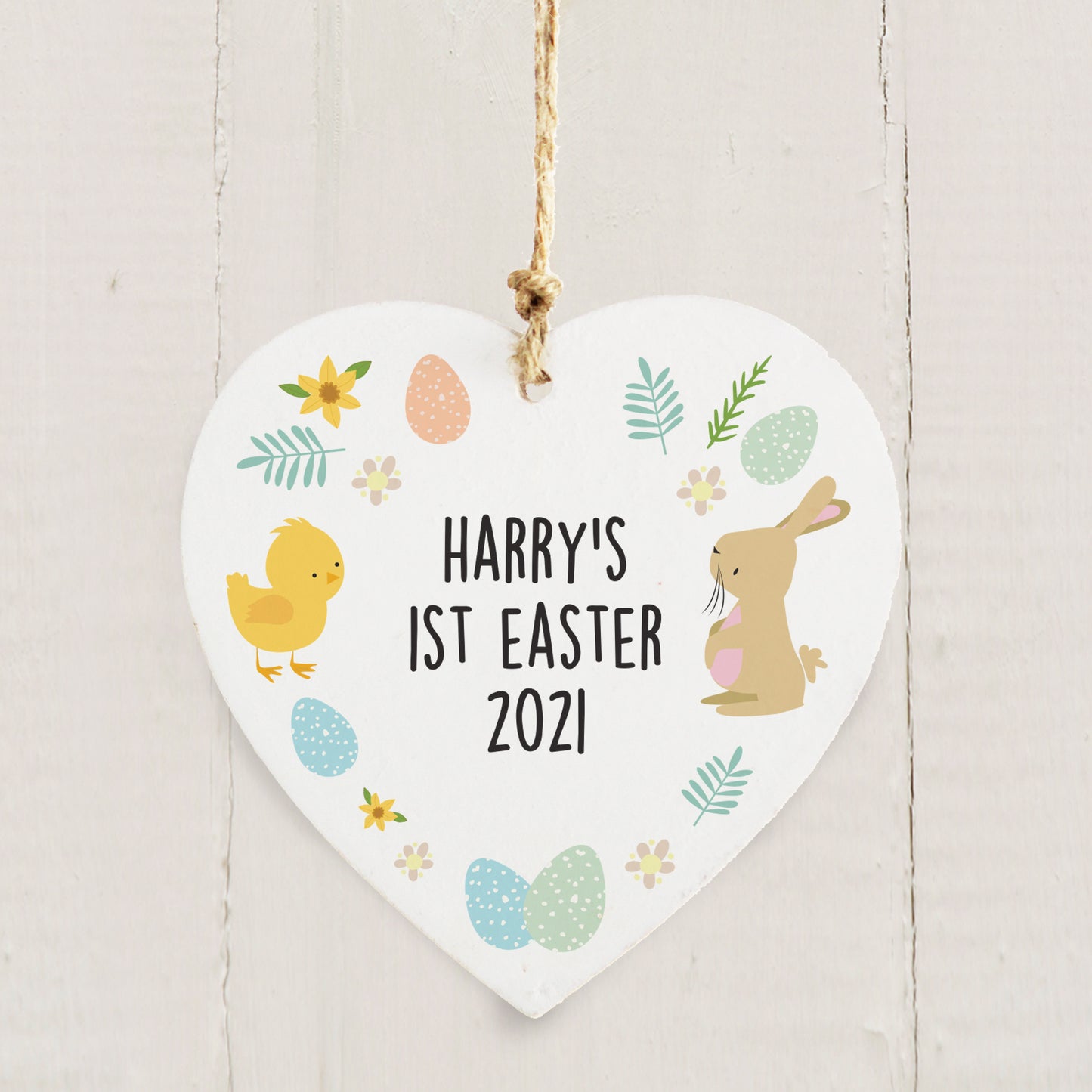 Personalised Easter Bunny & Chick Wooden Heart Decoration