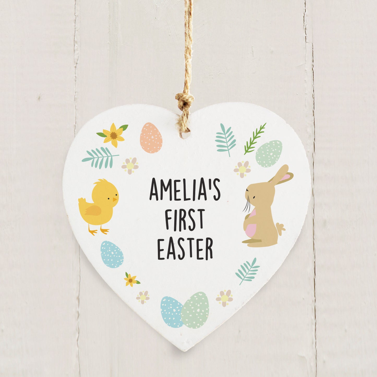 Personalised Easter Bunny & Chick Wooden Heart Decoration