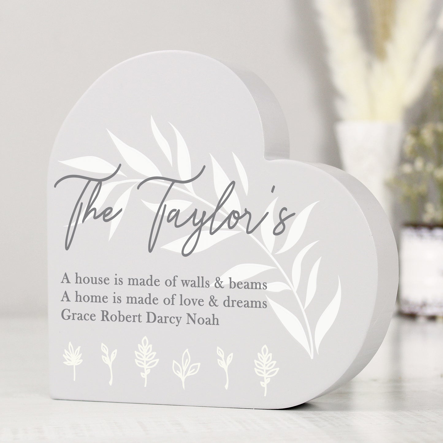 Personalised Leaf Decor Free Standing Wooden Heart Ornament