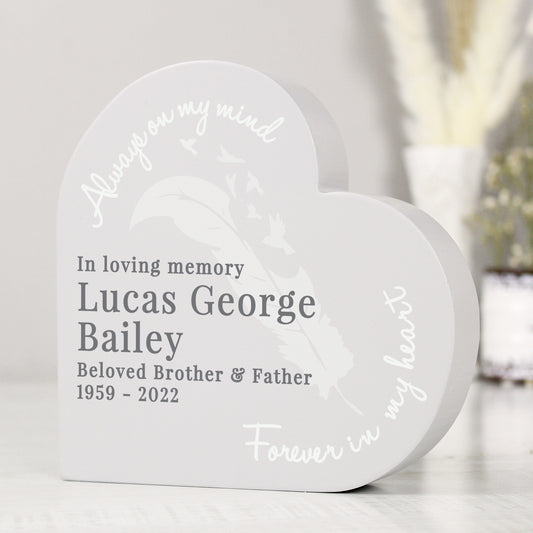 Personalised Feather (Memorial) Free Standing Wooden Heart Ornament